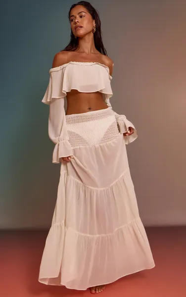 Cream Chiffon Tiered Maxi Beach Skirt