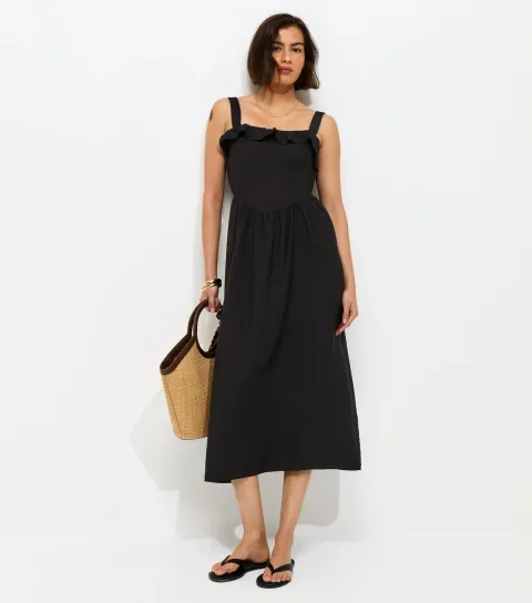 Black Square Neck Frilly Trim Midi Dress