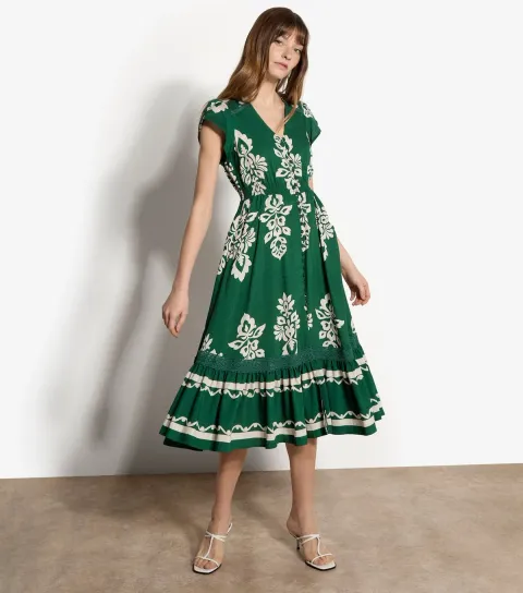 Green Leaf Print Buttoned Midi Dress