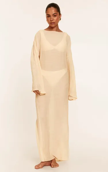 Cream Linen Look Flute Sleeve Beach Maxi Dress