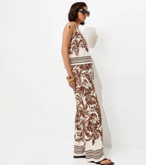 Brown Palm Tree Print Wide Leg Trousers