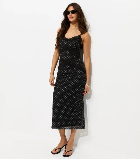 Black Polka Dot Mesh Lace Trim Midi Dress