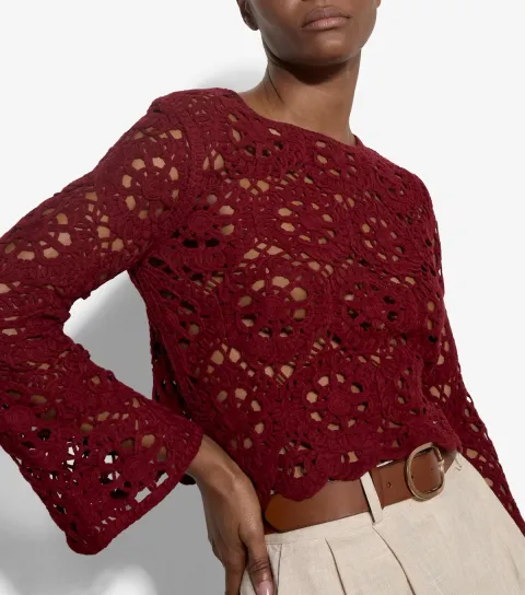 Dark Burgundy Floral Crochet Long Sleeve Top