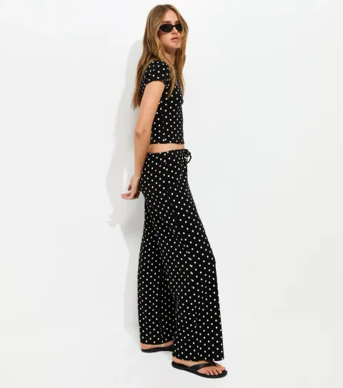 Black Cotton Rich Polka Dot Wide Leg Trousers
