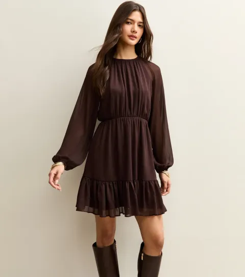 Brown Chiffon Tiered Mini Dress