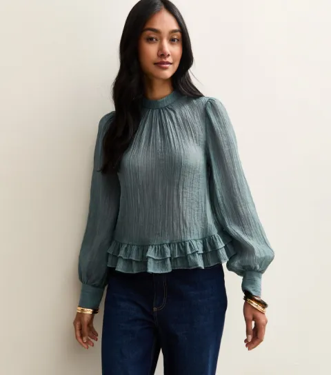 Blue Crinkle Texture High Neck Peplum Blouse