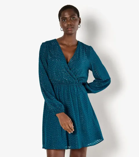 Blue Jacquard Wrap Mini Dress