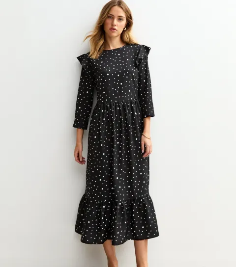 Black Polka Dot Ruffle Trim Midi Dress
