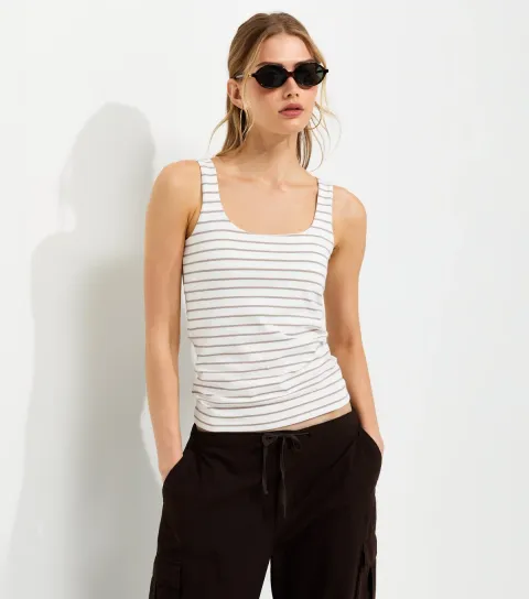 Cream Cotton Rich Square Neck Striped Vest Top