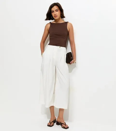 White Cropped Wide Leg Trousers