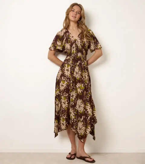 Dark Brown Shirred Waist Handkerchief Hem Midi Dress