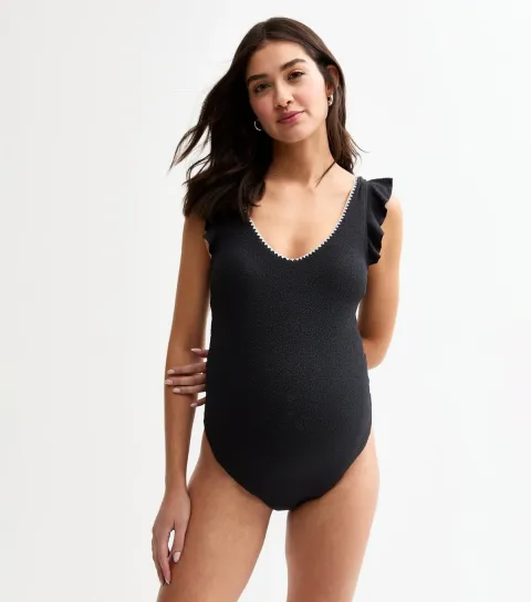 Maternity Black Textured Jersey Blanket Stitch Swimsuit