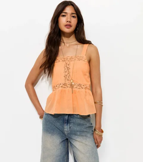 Orange Cotton Semi Sheer Lace Panelled Cami Vest Top