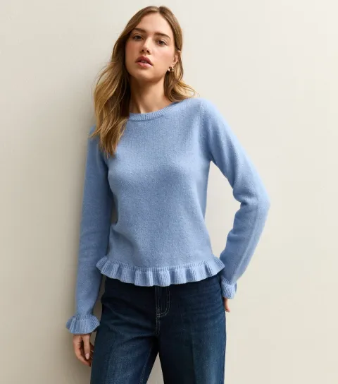 Blue Frill Trim Crew Neck Jumper
