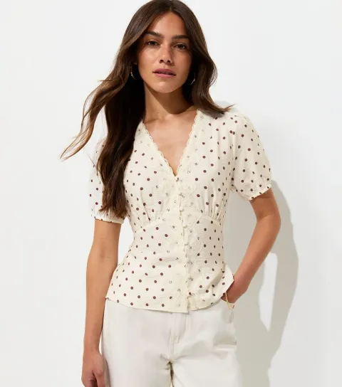 Petite Brown Spot Print Lace Trim Tea Blouse