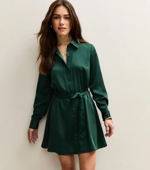Petite Dark Green Satin Belted Mini Shirt Dress