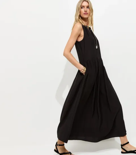 Tall Black Drop Waist Sleeveless Midi Dress