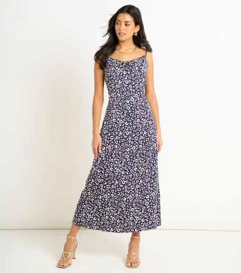 Navy Animal Print Cowl Midi Dress