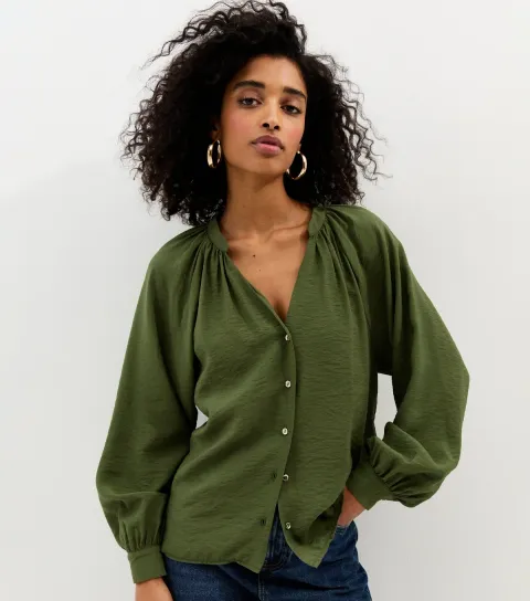 Dark Khaki Flowy Raglan Sleeve Blouse