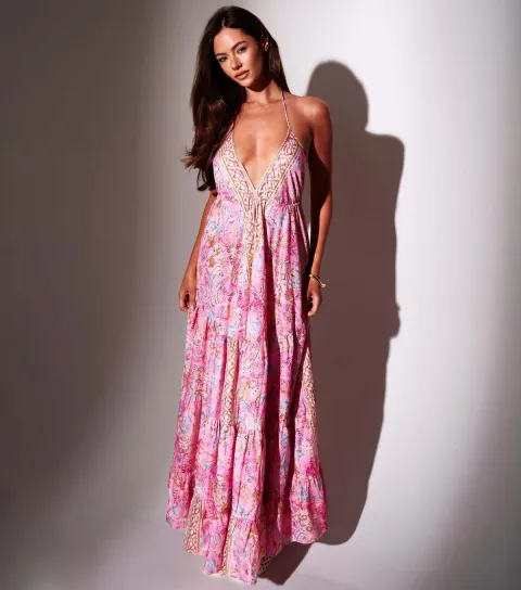 Pink Printed Halter Neck Maxi Dress