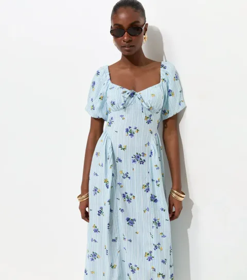 Blue Floral Stripe Milkmaid Midi Dress