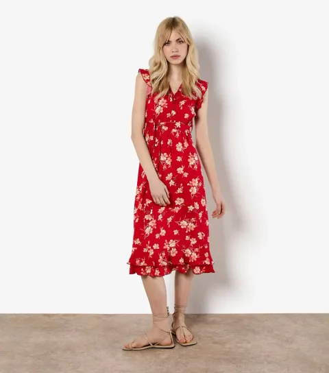 Red Floral Ruffled Midi Dress