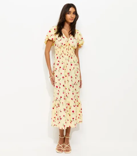 Light Yellow Crepe Ditsy Puff Sleeve Shirred Waist Midi Dress