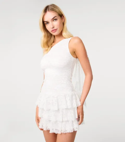 Off White Lace Asymmetric Ruffle Drape Mini Dress