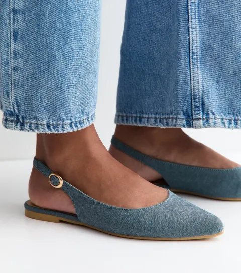 Light Blue Chambray Pointy Slingback Flats Vegan