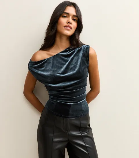 Navy Blue Velvet Off The Shoulder Ruched Top