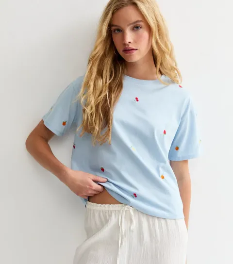 Blue Cotton Boxy Embroidered Fruit T-Shirt