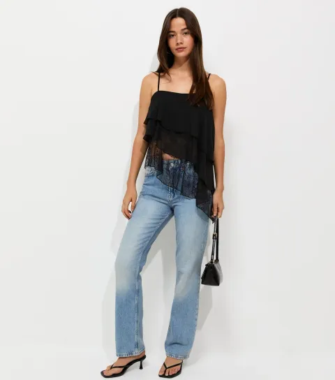 Black Lace Asymmetric Tiered Cami Top