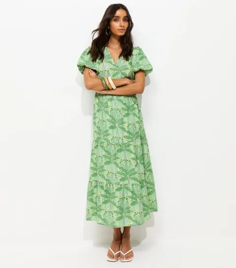 Green Crepe Tropical Pattern Wrap Midi Dress