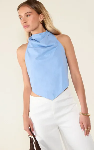 Sky Blue Cotton Look Halterneck Top
