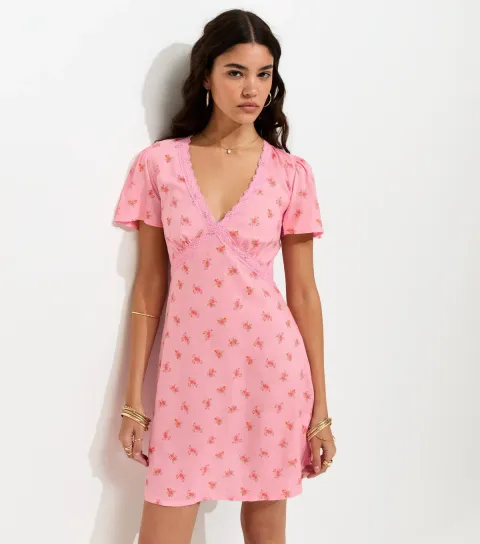 Pink Ditsy Print Lace Trim V-Neck Mini Dress