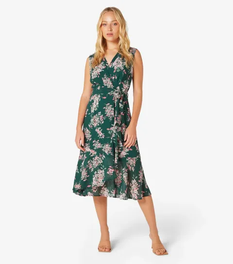 Green Floral-Print Midi Wrap Dress