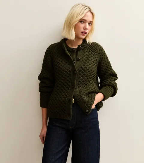 Dark Khaki Chunky Crew Neck Cardigan