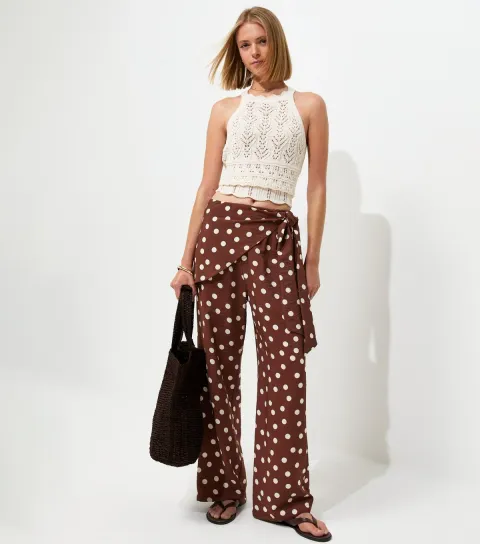 Brown Polka Dot Tie Waist Wide Leg Trousers