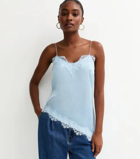 Light Blue Satin Asymmetric Lace Hem Cami Top