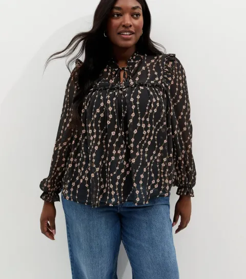 Plus Size Black Floral Chiffon Tie Neck Blouse Curves
