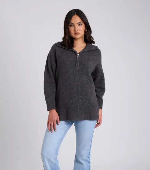 Dark Grey Half Zip Oversized Jumper