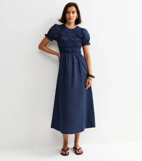 Navy Shirred Poplin Midi Dress