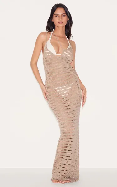 Beige Knit Crochet Bust Detail Maxi Dress