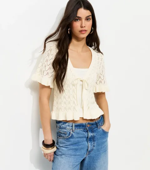 Cream Front Tie Short Sleeve Crochet Cardigan