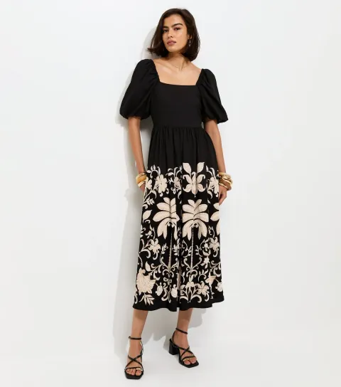 Black Floral Border Print Milkmaid Midi Dress