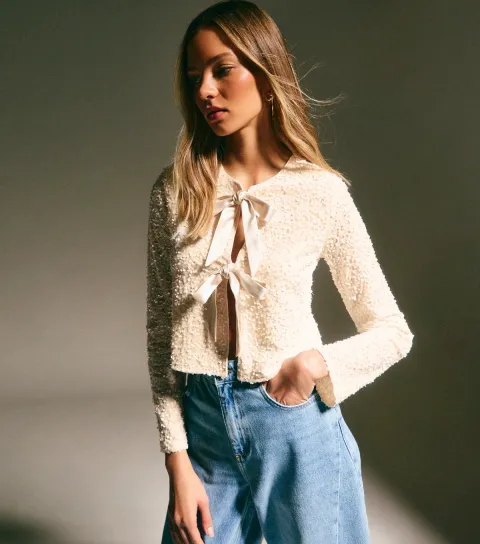 Cream Velvet Sequin Embellished Tie Front Cardigan