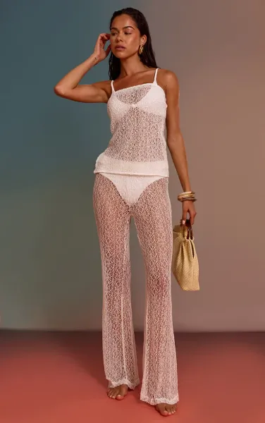 White Textured Knit Straight Leg Trousers