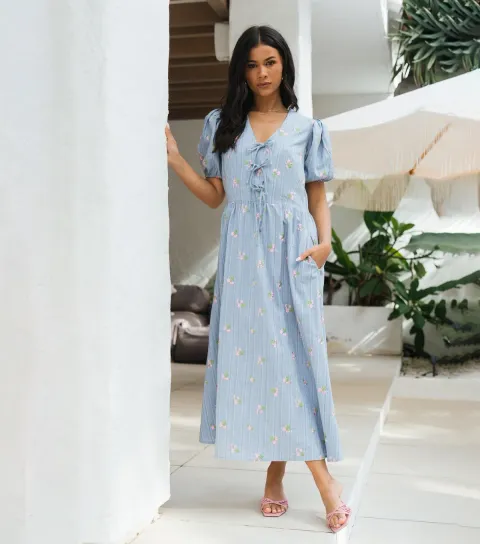 Light Blue Floral Embroidered Puff Sleeve Midi Dress