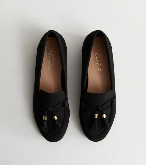 Wide Fit Black Faux Suede Tasseled Loafers Vegan
