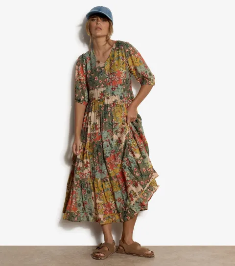 Yellow Bloom Patchwork Print Midi Dress
